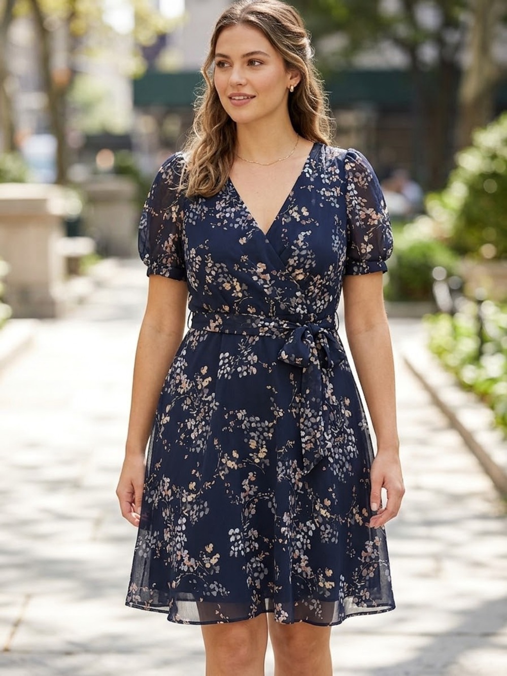 DKNY Navy Blue Floral Chiffon Faux Wrap Midi Dress Sz 12 Zip Back Belted